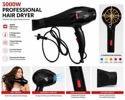 Black Hair Dryer with 3000W & 5-Temperature Control