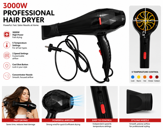 Black Hair Dryer with 3000W & 5-Temperature Control